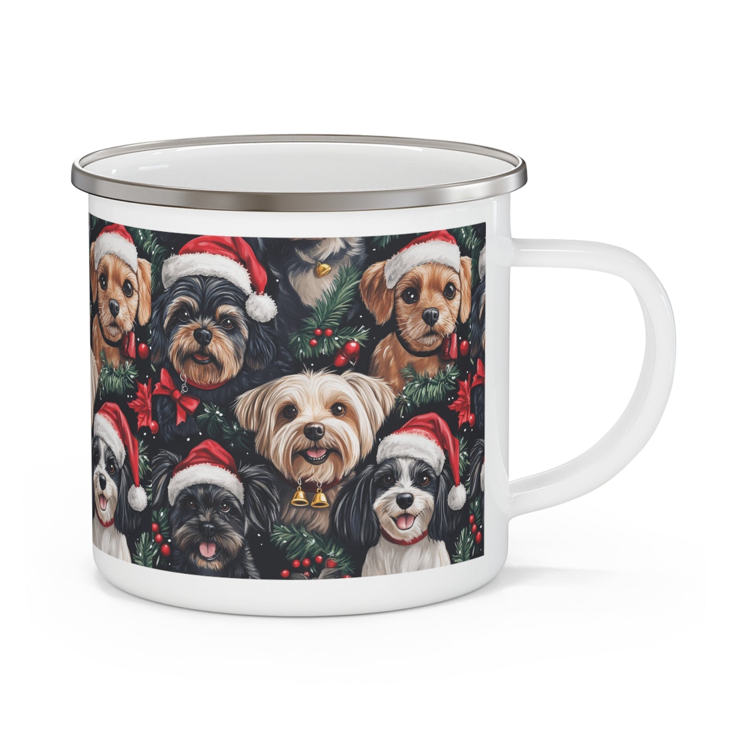 Enamel Camping Mug, Small Breed Santa Hat Dogs Christmas Theme, Hot Drink Cup, Holiday Gift, Outdoor Adventure Vibe, Festive Camping Gear,