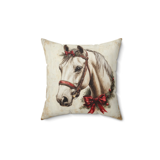 Christmas Equine Square Pillow, Holiday Horse Decor, Festive Equestrian Cushion, Winter Pony Throw Pillow, Seasonal Stallion Accent Pillow