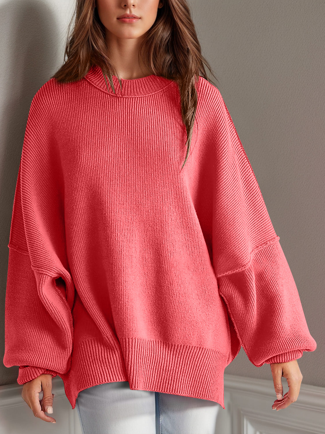 Double Take Side Slit Round Neck Long Sleeve Sweater